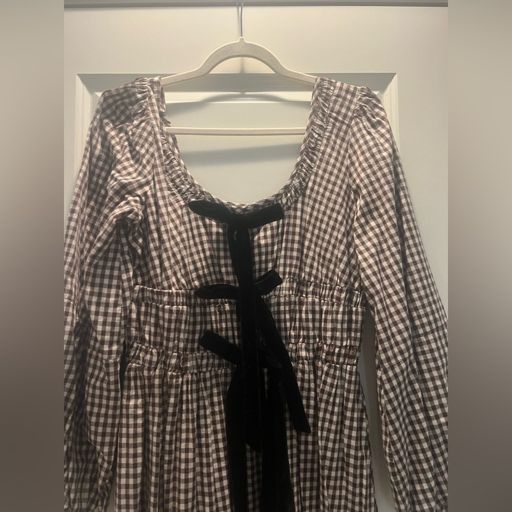 Damson Madder Dakota brown plaid Bow Midi Dress US size 8 - Picture 5 of 8